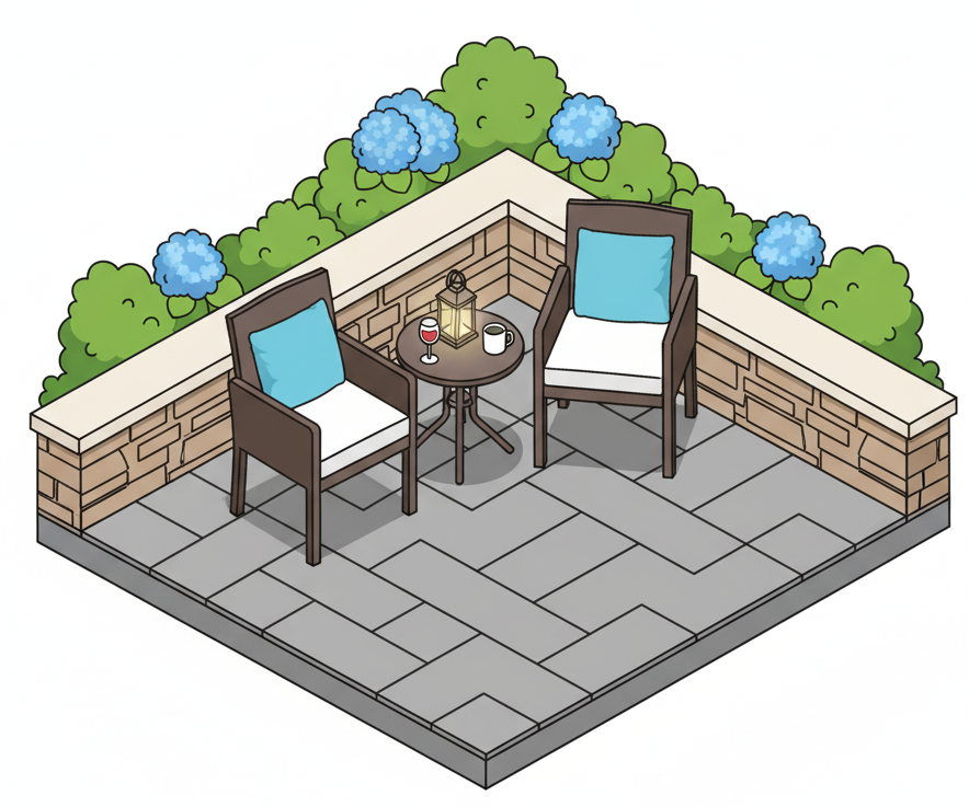 Patio with 2 chairs and a small table